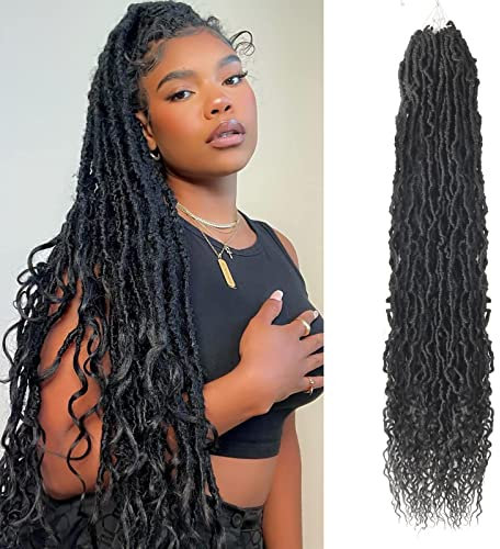 Lianlian 6 Packs New Faux Locs With Curly End 36 Inch Soft Crochet Hair Distressed Goddess Braid Pre Looped For Black Women(36 inch, 1B)