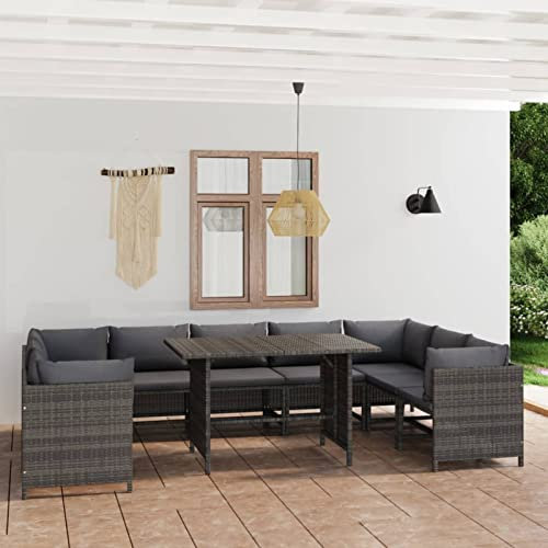 Yolola Rattan Gartenmöbel Set Lounge L Form Grau 10-TLG Ecklounge Sofa Rattan Sitzgruppe Lounge Rattanmöbel Gartenlounge Outdoor Gartengarnitur 4X Eckteil + 5X Mittelteil + Tisch