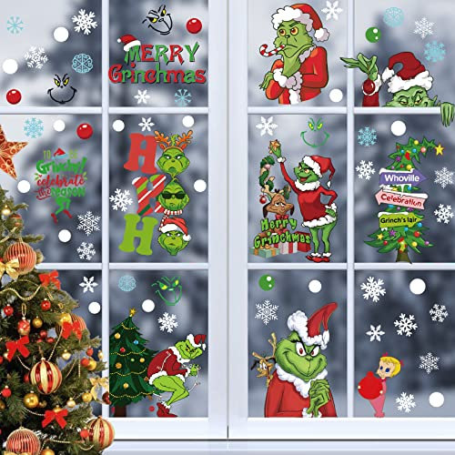 9 Blatt Weihnachten Fensteraufkleber für The Grinch Weihnachtsdekorationen Weihnachten Fenster Clings Grinch Party Supplies Weihnachten Fensterdekorationen Weihnachten Party Dekorationen (Grün)