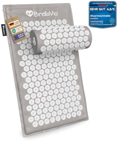 BrellaVio Akupressurmatte mit Kissen - Akkupunktur Massage Matte - Akupressur zur Entspannung für Rücken, Nacken, Schulter und Fuß - Stachelmatte gegen Verspannungen - Grau