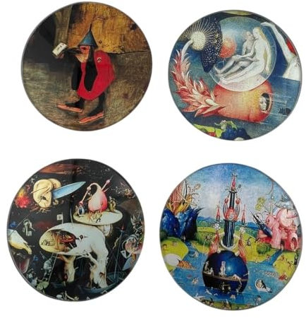 Glasuntersetzer Set: 4 Stück aus Glas mit Bilder-Motiven von Jheronimus Bosch in Metallhalter Ø 10 cm, in stilvoller Geschenkbox
