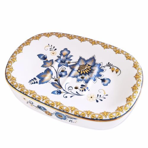 Portasapone autodrenante, vassoio per sapone a doppio strato, in ceramica bianca con motivi eleganti (stile D)