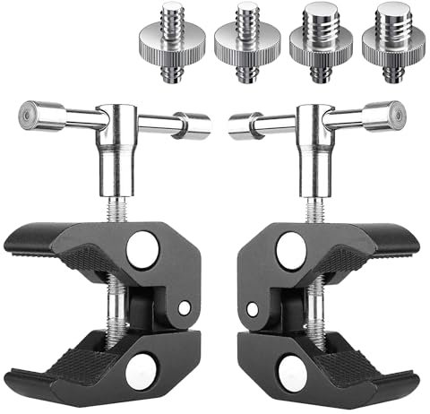 Homeet Set Morsetti per Treppiede con Adattatore a Vite per Fotocamera con Filettatura da 1/4 e 3/8 2Pcs Super Clamp Pinze per Granchio Clip Universale CNC Morsa Supporto Cavalletto per Monitor, y ecc