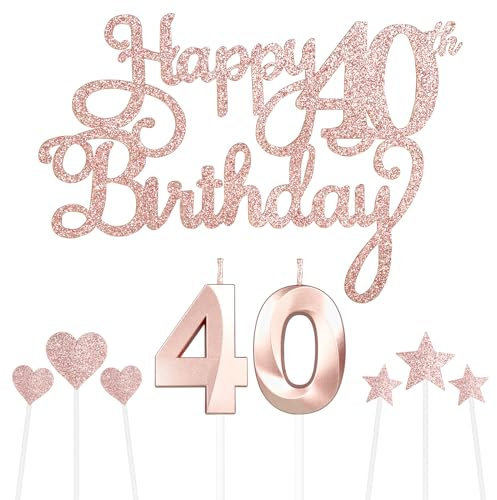 Personalised Rose Gold Happy 40th Birthday Cake Topper with 40 Birthday Candles and Star Cupcake Toppers - Cake Decorations Set for Her or Him - 9 Piece