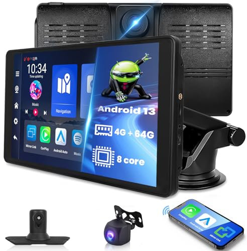 Hodozzy 4G 64G 9 Pollici Portatile Android Schermo Auto Wireless Carplay Autoradio con Dash Cam Android Auto Display, 8-Core Touch Screen GPS Navigatore WiFi Bluetooth Autoradio Portatile Telecamera