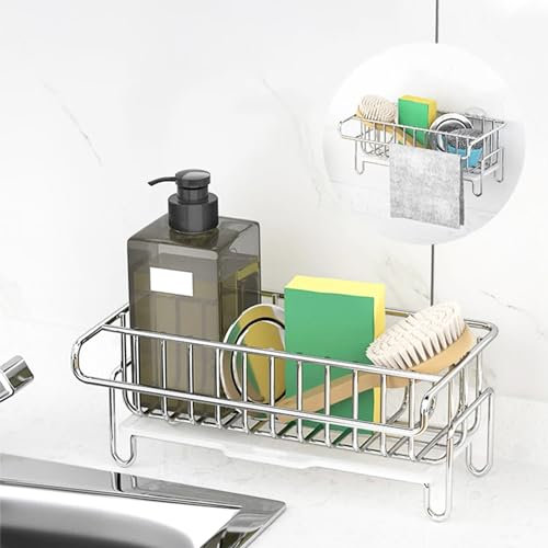 Mercaaran Organizador Fregadero Cocina-Soporte Estropajo Fregadero-Soporte Fregadero Cocina-Organizador Cocina-Utensilios de Cocina-DE Acero Inoxidable con Adhesivo Y Bandeja Extraible ANTIGOTEO