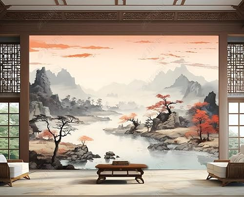 Fototapete 3D Effekt 3D Tapete Tuschelandschaftswolken Und Pflaumenblüten Im Chinesischen Stil Fototapete Wandgemälde Vlies Wohnzimmer Schlafzimmer Flur Wanddekoration 250(W) X175(H) Cm