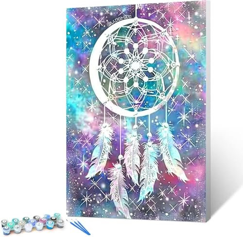 Malen Nach Zahlen Erwachsene Traumfänger - AnfäNger - Knitterfreie Leinwand, Pinsels Und Acrylfarbe - Diy Handgemalt öLgemäLde Kit Als Geschenk Feder 40x50cm (rahmenlos)
