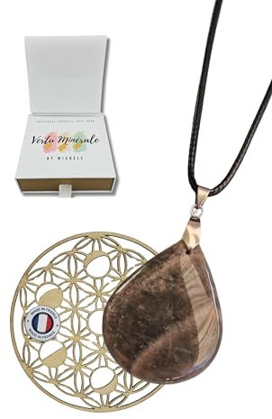 PENDENTIF PIERRE NATURELLE VERITABLE & Fleur de Vie Phases Lunaires en bois - Qualité Exceptionnelle - Création Française - Cadeau Femme, fille (Pierre de Lune Noire Naturelle, Forme Goutte)