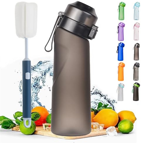 DENZYF Air Gourde Bouteille 650ML Avec 1 Saveur Gout Pod, Air Bouteille d'eau Parfumée Sans BPA Avec Paille-0 Sucres et Tasse d'eau de Sport (Givré noir + Brosse)