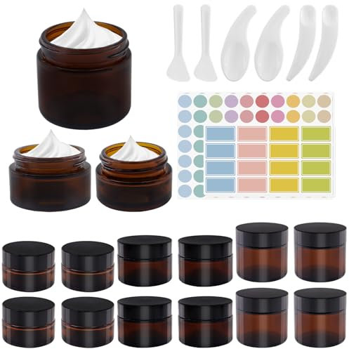 TOKSEO 15 Stück Amber Glas Leerdose, 20ml/30ml/60ml Amber Glastiegel Salbentiegel mit Aufkleber und Löffel, Cremedosen zum Befüllen Braunen Glasbehälter für Kosmetik Cremes Lotionen Ätherische