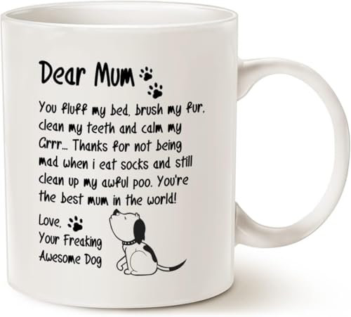 kisoyo Lustige Kaffeetasse mit Aufschrift Dear Mum, You Fluff My Bed, Brush My Fur... Love, Your Awesome Best Birthday Gifts for Mum, Mother Cup, 325 ml, Weiß