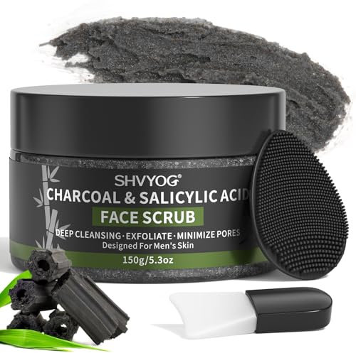Men's Face Scrub, Bamboo Charcoal Salicylic Acid Face Exfoliant, Facial Peeling Improves Blackheads, Acne, Clogged Pores, Cleansing Oil Control, Pre-shave Care for Men, with Facial Cleansing Brush