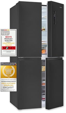 Exquisit® Frigorífico Americano, 4 Puertas, 421L, Clase C, Material Acero Inox Oscuro, Tecnologia No-Frost, Display Digital en Puerta, Cajones Verduleros, Consumo 182 kWh/año, Medidas 180x79,5x70 Cm.