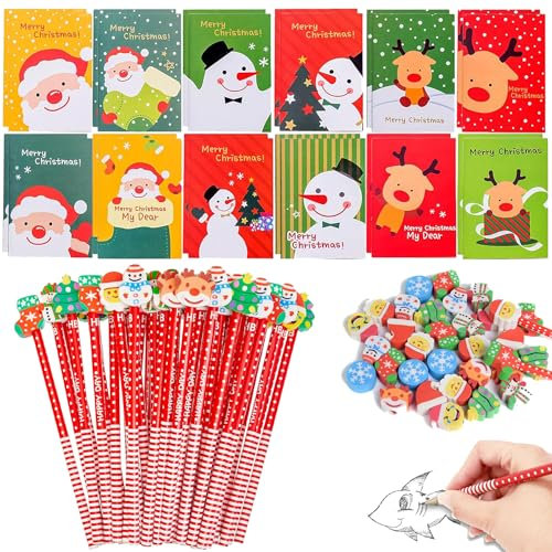 Auzlya Weihnachten Bleistifte mit Radiergummi, 24 Notizbücher, 24 Bleistifte, Weihnachtsgeschenke, Kleinigkeiten, Party-Geschenke Bag Fillers(Set-Feiertagsauswahl)