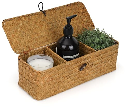 YKUKIZEE Seagrass Storage Basket with Lid, Woven Basket with 3 Compartments | Rectangular, Woven Rattan Organizer Baskets Bins, for Shelves, Desktop, Snack, Toys Box