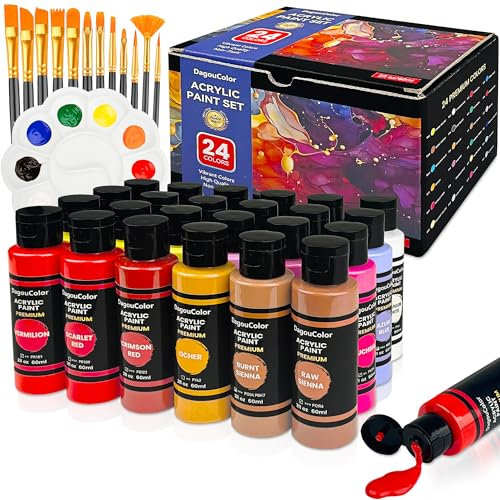 DagouColor 37 PCS Acrylfarben Set - 24 Farben * 2oz / 60ml Kunsthandwerk Farbe Flaschen, 12 Pinsel, 1 Palette, Art Supplies Geschenke für Kinder und Erwachsene Künstler