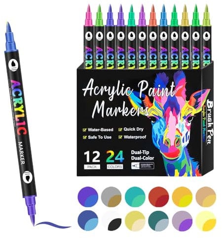 Rcxnm Acrylmalstift-Set, Dual-Spitze, Dual-Farbe, 12 Stifte, 24 Farben, wasserfest, schnelltrocknend