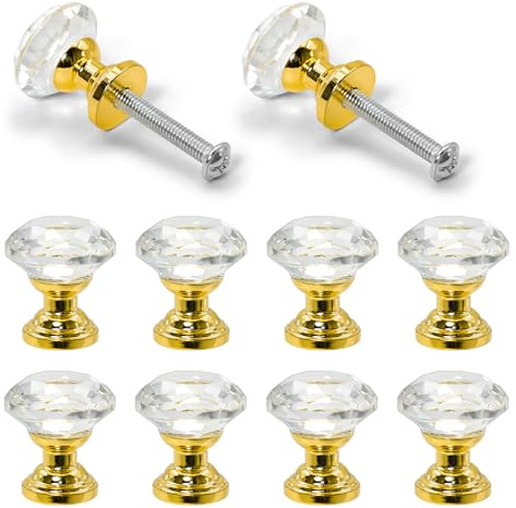 10 Stück Kristall Schubladenknöpfe, Knauf für Schrank, Türknauf Drehbar, Schicke Schrankknöpfe 20mm, Glitzer Knöpfe für Kommode, Schubladen Knauf mit Goldbasis, Kastenknöpfe mit Schrauben