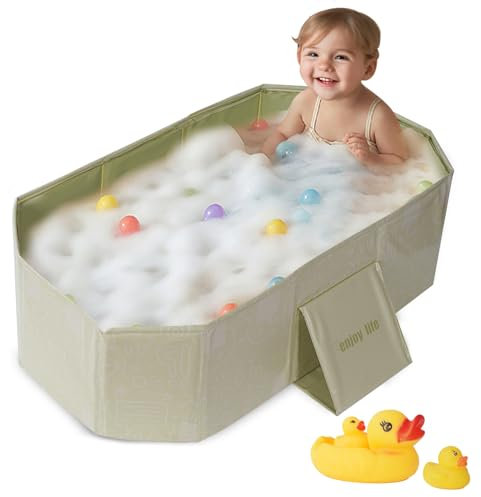 Vinteky Baignoire pour bébé grande taille, adaptée aux enfants de 0-5 ans - Baquet pliable pour enfant, bébé peut s'asseoir ou se coucher - Baignoire intégrée pour nouveau - nés (Vert)