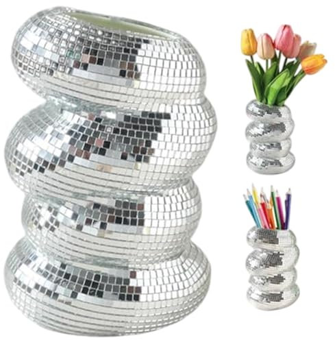 LAANCOO Disco -Ball -Pflanzer, einzigartige Disco -Ball -Vase, spiralreflektierende Mosaikvase, Spiegelpflanzerdekor für Zuhause, Office -Tisch Mittelstücke (Silber) 5, 9x3, 9 Zoll