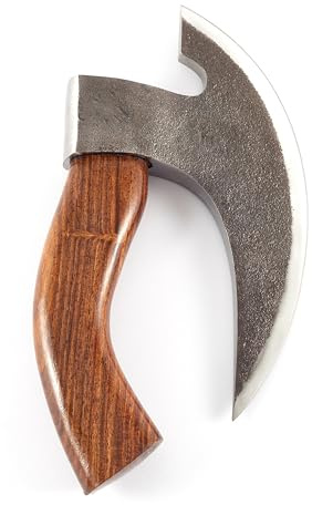 Hanseküche Pizzaschneider – Pizzamesser Axt mit Wikinger Runen und Lederschutz – Wiegemesser für Pizza, Kräuter, Messer, Gürtel Männer, Geschenk (Braun Schwarze Klinge)