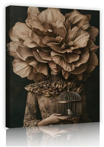 TOANGWALL Creative Arts Canvas Poster Print Artwork Nostalgic Style Woman and Bird in Birdcage Picture Painting Wall Art for Hallway Decor 70x85cm Innerframe