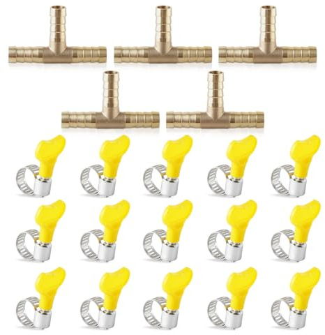 5 Pcs 8mm Brass Hose Barb Tee,3-Way Tee Hose Fitting with 15 Pcs Clamps