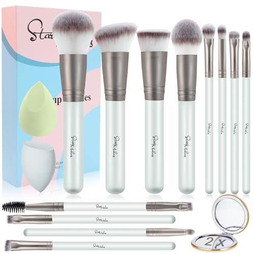 Pennelli Make up Start Makers 12 Pezzi Set Pennelli Trucco Professionale per Fondazione Cipria Fard Ombretto, Correttore, Set di Pennelli Trucco make up, Kit con 2 Spugnetta e Specchio, Grigio