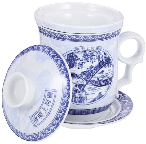 PartyKindom Blue and White Porcelain Tea Set Ceramic Cup with Lid and Infuser Traditional Chinese Tea Mug with Clear River Landscape Pattern for Home Brewing