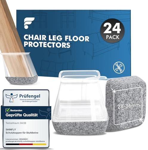 shinfly 24 Stück Stuhlbeinkappen Eckig, Klare Stuhlbeinschoner Ø 28-36 mm | Silikon Schutzkappen für Stuhlbeine, Filzgleiter für Stühle & Bodenschutz, Schräge Stuhlbeine, Geräuscharm, Transparent