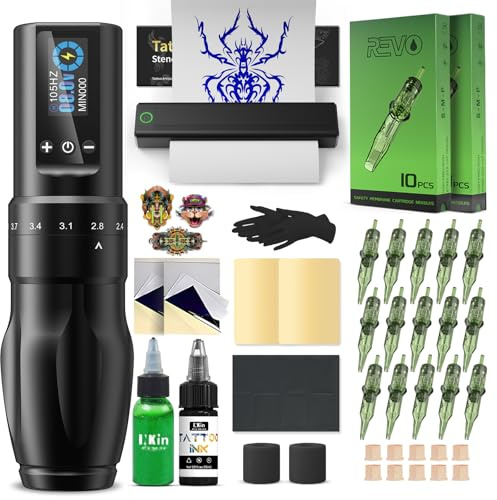 INKin Tattoo Maschine Set, Kabelloser Tätowiermaschine mit Verstellbare Anschläg und 1600mAh Batterien, Tattoo Zubehör Set Komplett mit Tattoo Drucker Bluetooth,Stencil Stuff,Tattoo Farbe und Nadeln