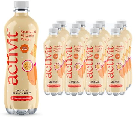 Activit Sparkling Flavoured Vitamin Water Mango & Passionfruit with B Vitamins B5, B6, B9, B12, Vitamin C, Vitamin D, Zinc & Magnesium Zero Sugar 12x 500ml Bottles