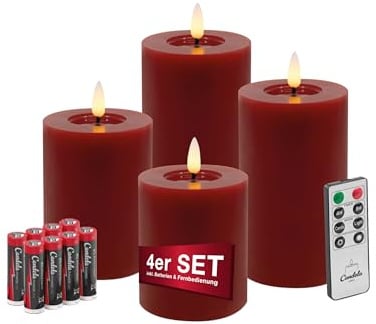 Candela Lights LED Kerzen 4er Set mit Fernbedienung, Batterien & Timerfunktion LED Echtwachs Kerzen Flammenfunktion & dimmbar Winter Rot