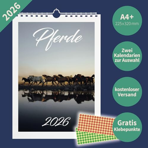 Pferde 2026 Wandkalender A4+ – Ausdrucksstarke Aufnahmen edler Pferde – 22,5×32,0 cm – mit Markierungspunkten – Fotokalender Tiere & Natur (Kalendarium 2)