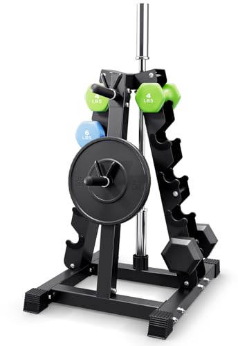 YOLEO 5-Tier A-Frame Dumbbell Rack Stand, Heavy-Duty 3-in-1 Weight Rack for Dumbbells, Barbells & Plates, Space-Saving Home Gym Organizer, 1100LBS Capacity, 19.5x24.6x30.7 (Rack Only)