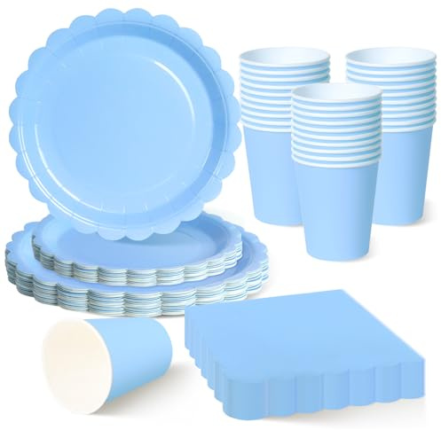 ZblPyro 120 Stück Hellblau Partygeschirr Set für 30 Gäste | 23cm & 18cm Wellenschliff-Pappteller, Pappbecher, Servietten, Baby Shower (Junge), Poolparty, Kindergeburtstag, Sommerfest