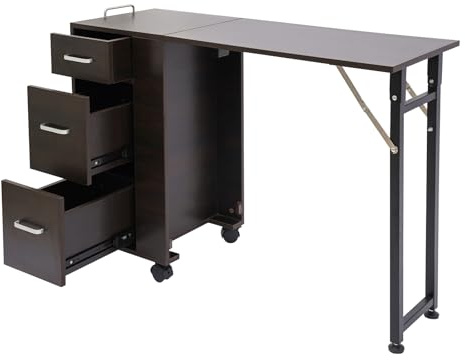 ROGONPDK Klappbarer Mobiler Manikürtisch mit Schublade, Nageltisch aus Holz, Rollbarer Nageltisch, Nagelfrisiertisch, Computertisch, Schminktisch, für Wohnzimmer, Büros und Nagelstudios (Dunkelbraun)