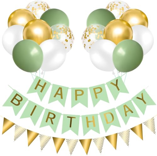 Happy Birthday Deko Banner und Wimpelkette, Grün Gold Luftballons Geburtstag Dekoration, 16 Stück 12 Zoll Grüne Weiß Goldene Ballons mit Band für Damen Herren Mädchen Jungen Geburtstagsdekoration