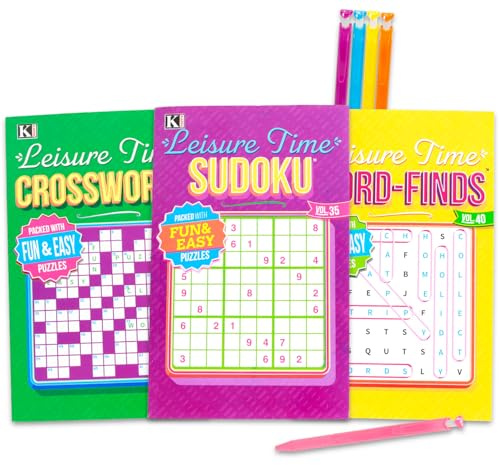 Variety Puzzle Books for Adults - Bundle with 3 Assorted Leisure Time Brain Stimulating Puzzle Books for Adults Including Crossword & Word Search Plus Pens | 8,000+ Words to Find