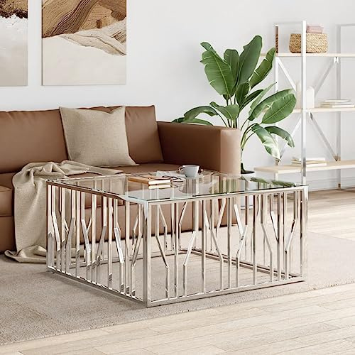 kithwjll Couchtisch 100x100x50 cm, eleganter Wohnzimmertisch aus Edelstahl und gehärtetem Glas, quadratischer Kaffeetisch für Moderne Wohnbereiche, langlebig und pflegeleicht