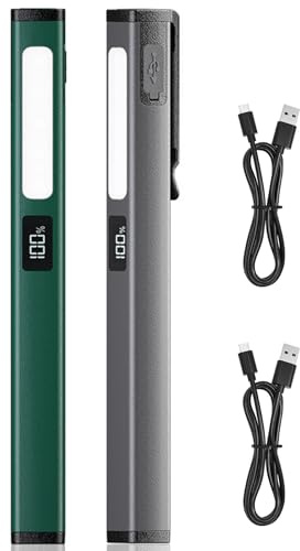 2 Stück LED Stiftlampe mit Magnet, Taschenlampe COB LED Aufladbar mit 6 Beleuchtungsmodi, Tragbare Inspektionsleuchten mit Magnetclip USB-C Schnellladung für Camping Notfälle Reparaturen (Grün, Grau)