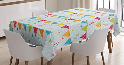 ABAKUHAUS Kids Tischdecke, Geburtstags-Party-Flaggen Sterne, Schmutzabweisent mit Modernster Druck Technologie Waschbar Klare Farben, 140 x 170 cm, Türkis Rot