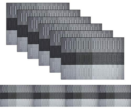 BECHEN Placemats Set of 6 with Table Runner, Elegant Heat-Resistant Table Mats Washable Plastic Placemats for Home Wedding Party (45x30cm + 180x30cm, Black)
