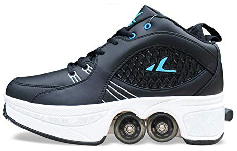 JTKDL Rollschuh Roller Skates Lauflernschuhe, Sneakers, 2 In 1 Mehrzweckschuhe Schuhe Mit Rollen Skateboardschuhe,Inline-Skate,Verstellbare Quad-Rollschuh Stiefel,Black-43
