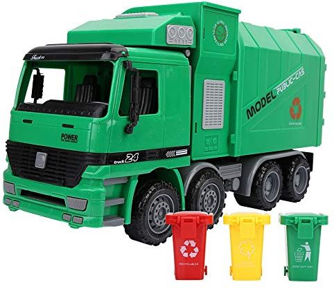Juguete modelo de camión de basura, modelo de coche de saneamiento de simulación para niños, juguete de camión de reciclaje de basura de inercia con tres papeleras
