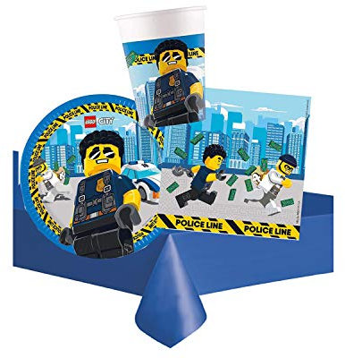 ipt Kit Compleanno per Festa Bambini a Tema legocity Costruzioni mattoncini N.16 addobbi per Party a Tema Costruzione Piatti Bicchieri tovaglioli e tovaglia Blu Set Completo per Festa