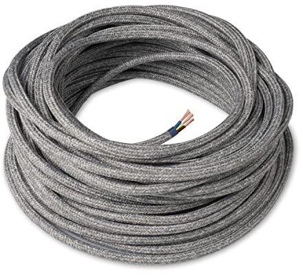 Amarcords - Cavo elettrico tessile colore CANVAS GRIGIO CHIARO tondo lino 5 metri con messa a terra 3x075mm - Filo rivestito in tessuto colorato vintage per lampade lampadari applique e abat jour.