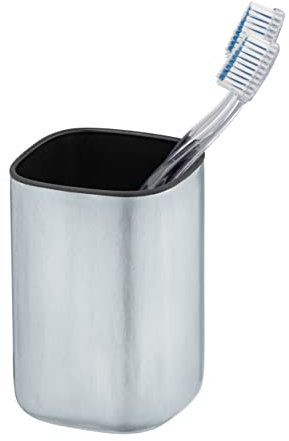 WENKO Zahnputzbecher Alassio, Zahnbürstenhalter für Bad und Gäste-WC, Becher für Zahnbürste, Zahnpasta, etc. aus hochwertigem, satiniertem Edelstahl, innen Schwarz, 7,8 x 11,5 x 7,8 cm, Silber matt