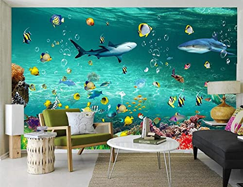 Tapete 3D Wandbild Unterwasserwelt Hai Fisch Fototapete 3D Effekt Vliestapete Wohnzimmer Schlafzimmer Wanddeko 300cmX210cm